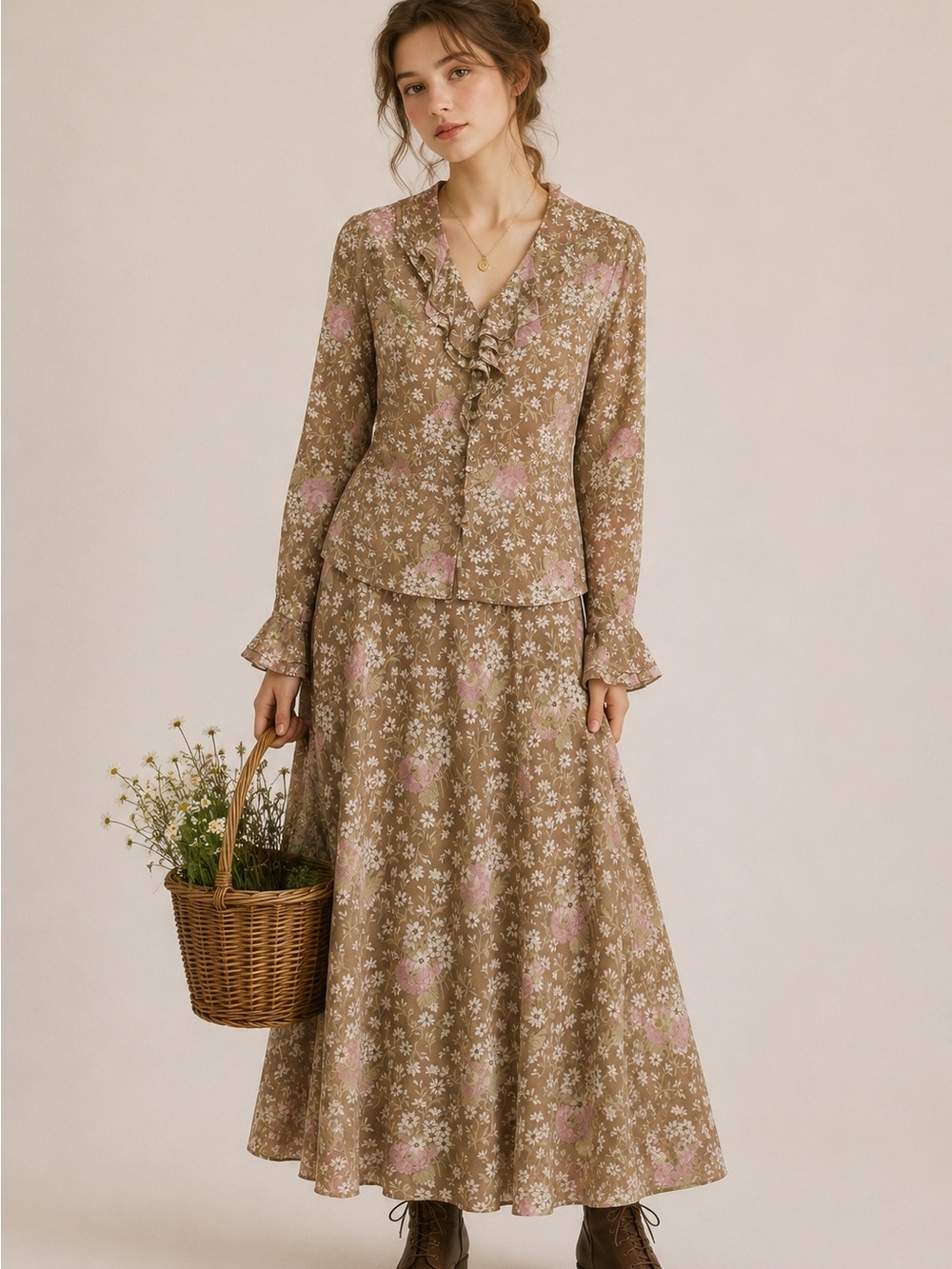 Vintage Cottagecore Floral Ruffle Fairycore Skirt Set Romantic Sheer Earthy Boho